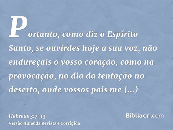 Portanto, como diz o Espírito Santo, se ouvirdes hoje a sua voz,não endureçais o vosso coração, como na provocação, no dia da tentação no deserto,onde vossos pa