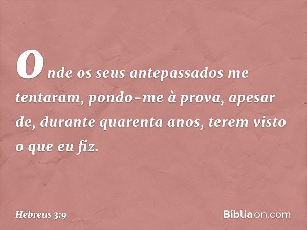 onde os seus antepassados
me tentaram,
pondo-me à prova,
apesar de, durante quarenta anos,
terem visto o que eu fiz. -- Hebreus 3:9