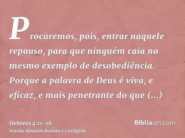 Procuremos, pois, entrar naquele repouso, para que ninguém caia no mesmo exemplo de desobediência.Porque a palavra de Deus é viva, e eficaz, e mais penetrante d