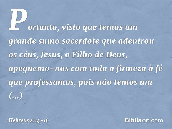 Portanto, visto que temos um grande sumo sacerdote que adentrou os céus, Jesus, o Filho de Deus, apeguemo-nos com toda a firmeza à fé que professamos, pois não 