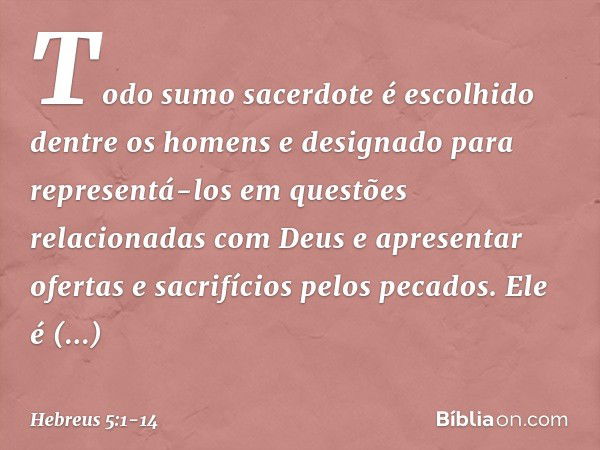 Todo sumo sacerdote é escolhido dentre os homens e designado para representá-los em questões relacionadas com Deus e apresentar ofertas e sacrifícios pelos peca