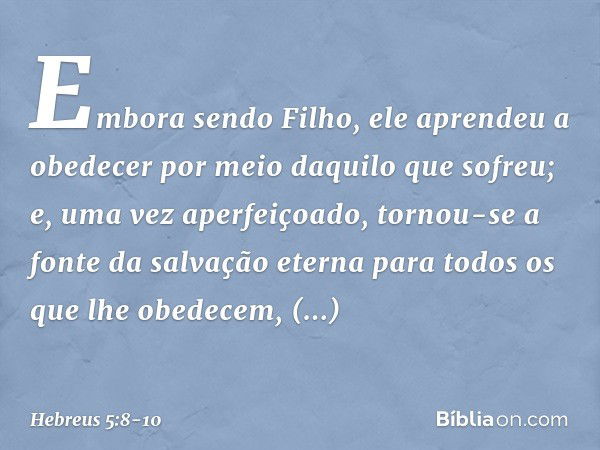 Embora sendo Filho, ele aprendeu a obedecer por meio daquilo que sofreu; e, uma vez aperfeiçoado, tornou-se a fonte da salvação eterna para todos os que lhe obe