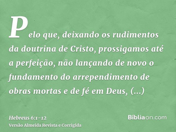 Pelo que, deixando os rudimentos da doutrina de Cristo, prossigamos até a perfeição, não lançando de novo o fundamento do arrependimento de obras mortas e de fé