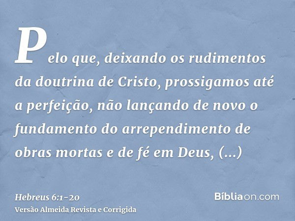 Pelo que, deixando os rudimentos da doutrina de Cristo, prossigamos até a perfeição, não lançando de novo o fundamento do arrependimento de obras mortas e de fé