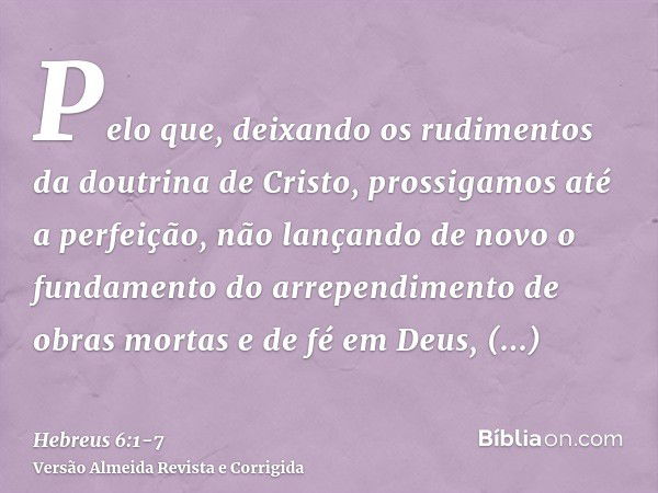 Pelo que, deixando os rudimentos da doutrina de Cristo, prossigamos até a perfeição, não lançando de novo o fundamento do arrependimento de obras mortas e de fé