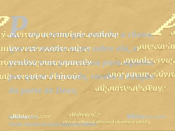 Pois a terra que embebe a chuva, que cai muitas vezes sobre ela, e produz erva proveitosa para aqueles por quem é lavrada, recebe a bênção da parte de Deus;