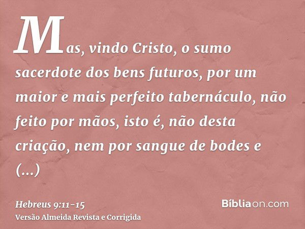 Mas, vindo Cristo, o sumo sacerdote dos bens futuros, por um maior e mais perfeito tabernáculo, não feito por mãos, isto é, não desta criação,nem por sangue de 