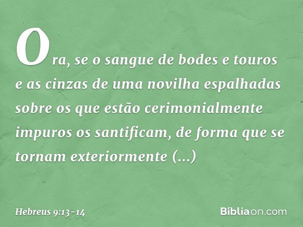 Ora, se o sangue de bodes e touros e as cinzas de uma novilha espalhadas sobre os que estão cerimonialmente impuros os santificam, de forma que se tornam exteri