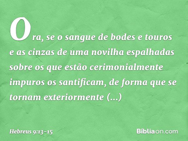 Ora, se o sangue de bodes e touros e as cinzas de uma novilha espalhadas sobre os que estão cerimonialmente impuros os santificam, de forma que se tornam exteri