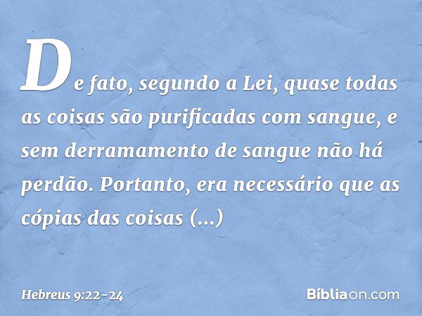 De fato, segundo a Lei, quase todas as coisas são purificadas com sangue, e sem derramamento de sangue não há perdão. Portanto, era necessário que as cópias das