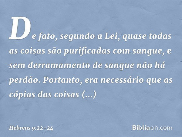 De fato, segundo a Lei, quase todas as coisas são purificadas com sangue, e sem derramamento de sangue não há perdão. Portanto, era necessário que as cópias das