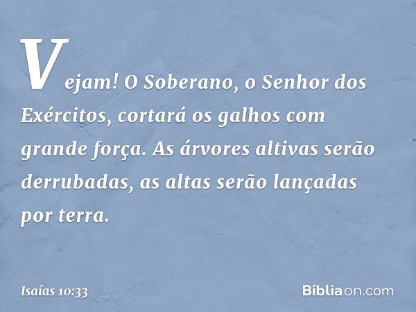 Vejam! O Soberano,
o Senhor dos Exércitos,
cortará os galhos com grande força.
As árvores altivas serão derrubadas,
as altas serão lançadas por terra. -- Isaías