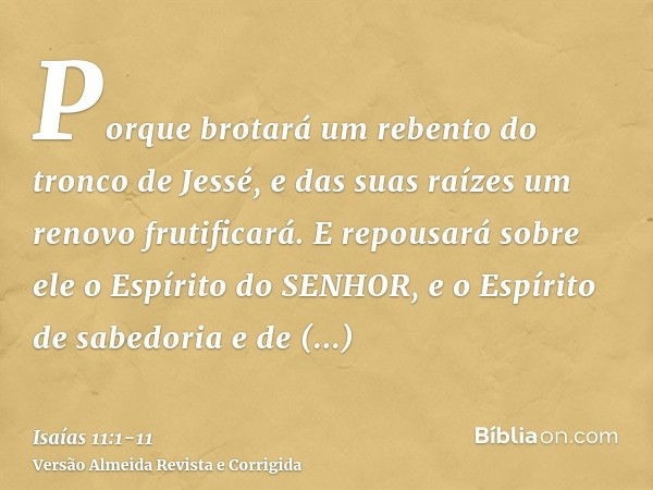 Porque brotará um rebento do tronco de Jessé, e das suas raízes um renovo frutificará.E repousará sobre ele o Espírito do SENHOR, e o Espírito de sabedoria e de