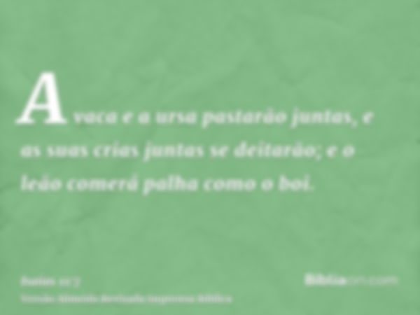 A vaca e a ursa pastarão juntas, e as suas crias juntas se deitarão; e o leão comerá palha como o boi.