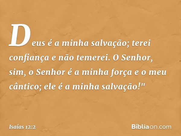 Deus é a minha salvação;
terei confiança e não temerei.
O Senhor, sim, o Senhor
é a minha força e o meu cântico;
ele é a minha salvação!" -- Isaías 12:2