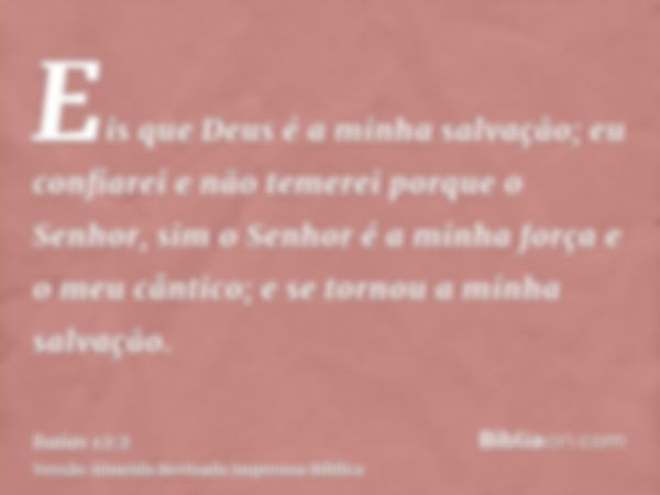 Eis que Deus é a minha salvação; eu confiarei e não temerei porque o Senhor, sim o Senhor é a minha força e o meu cântico; e se tornou a minha salvação.