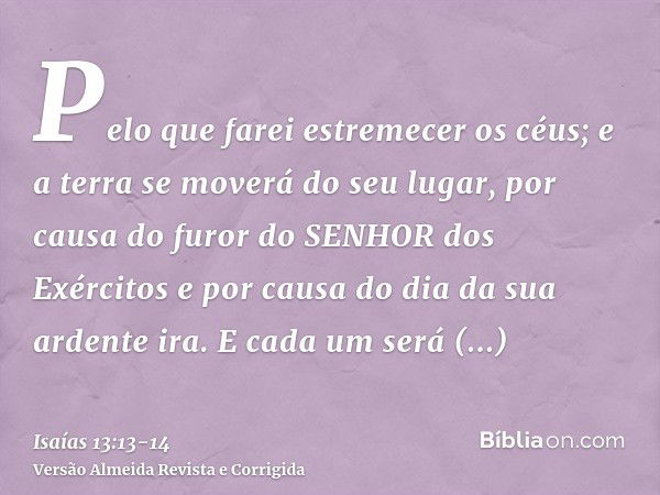 Pelo que farei estremecer os céus; e a terra se moverá do seu lugar, por causa do furor do SENHOR dos Exércitos e por causa do dia da sua ardente ira.E cada um 