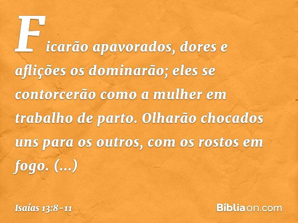 Ficarão apavorados,
dores e aflições os dominarão;
eles se contorcerão como a mulher
em trabalho de parto.
Olharão chocados uns para os outros,
com os rostos em