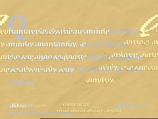 Quebrantarei a Assíria na minha terra e, nas minhas montanhas, a pisarei, para que o seu jugo se aparte deles, e a sua carga se desvie dos seus ombros.