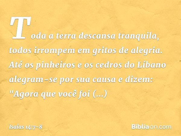 Toda a terra descansa tranquila,
todos irrompem em gritos de alegria. Até os pinheiros e os cedros do Líbano
alegram-se por sua causa e dizem:
"Agora que você f