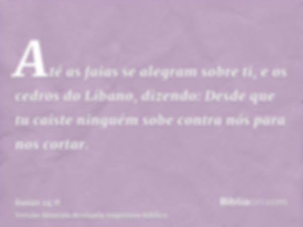 Até as faias se alegram sobre ti, e os cedros do Líbano, dizendo: Desde que tu caiste ninguém sobe contra nós para nos cortar.