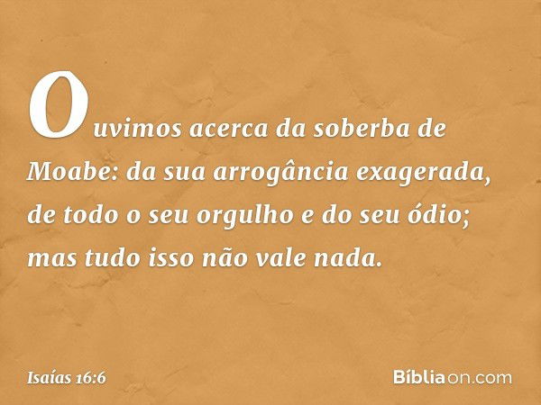 Ouvimos acerca da soberba de Moabe:
da sua arrogância exagerada,
de todo o seu orgulho e do seu ódio;
mas tudo isso não vale nada. -- Isaías 16:6