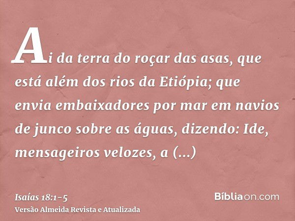 Ai da terra do roçar das asas, que está além dos rios da Etiópia;que envia embaixadores por mar em navios de junco sobre as águas, dizendo: Ide, mensageiros vel