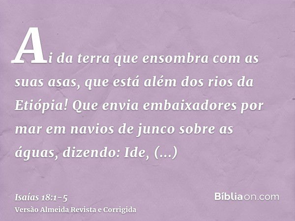 Ai da terra que ensombra com as suas asas, que está além dos rios da Etiópia!Que envia embaixadores por mar em navios de junco sobre as águas, dizendo: Ide, men