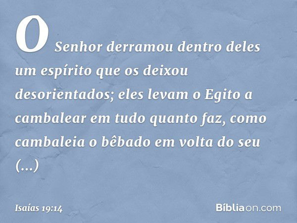 O Senhor derramou dentro deles
um espírito que os deixou desorientados;
eles levam o Egito a cambalear
em tudo quanto faz,
como cambaleia o bêbado
em volta do s