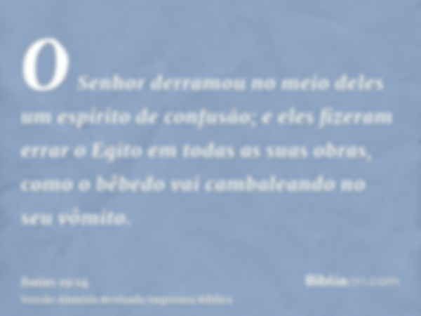 O Senhor derramou no meio deles um espírito de confusão; e eles fizeram errar o Egito em todas as suas obras, como o bêbedo vai cambaleando no seu vômito.