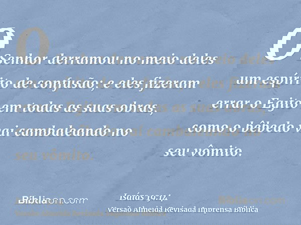 O Senhor derramou no meio deles um espírito de confusão; e eles fizeram errar o Egito em todas as suas obras, como o bêbedo vai cambaleando no seu vômito.