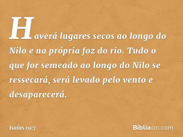 Haverá lugares secos ao longo do Nilo
e na própria foz do rio.
Tudo o que for semeado ao longo do Nilo
se ressecará,
será levado pelo vento
e desaparecerá. -- I