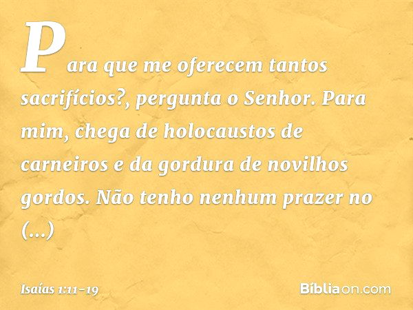 "Para que me oferecem
tantos sacrifícios?",
pergunta o Senhor.
"Para mim, chega de holocaustos de carneiros
e da gordura de novilhos gordos.
Não tenho nenhum pr