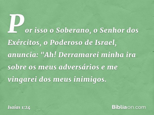 Por isso o Soberano,
o Senhor dos Exércitos,
o Poderoso de Israel, anuncia:
"Ah! Derramarei minha ira
sobre os meus adversários
e me vingarei dos meus inimigos.