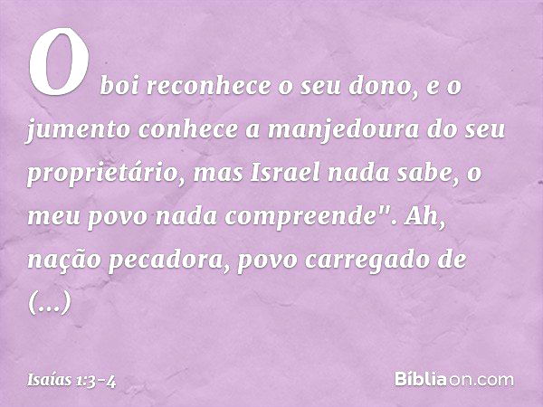 O boi reconhece o seu dono,
e o jumento conhece a manjedoura
do seu proprietário,
mas Israel nada sabe,
o meu povo nada compreende". Ah, nação pecadora,
povo ca