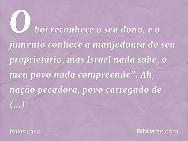 O boi reconhece o seu dono,
e o jumento conhece a manjedoura
do seu proprietário,
mas Israel nada sabe,
o meu povo nada compreende". Ah, nação pecadora,
povo ca