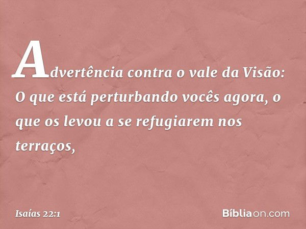 Advertência contra o vale da Visão:
O que está perturbando vocês agora,
o que os levou
a se refugiarem nos terraços, -- Isaías 22:1