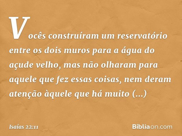 Vocês construíram um reservatório
entre os dois muros
para a água do açude velho,
mas não olharam para aquele
que fez essas coisas,
nem deram atenção àquele
que