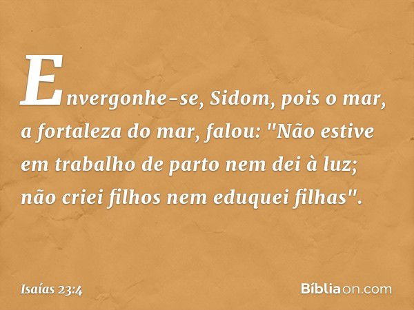 Envergonhe-se, Sidom,
pois o mar, a fortaleza do mar, falou:
"Não estive em trabalho de parto
nem dei à luz;
não criei filhos nem eduquei filhas". -- Isaías 23: