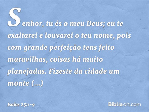 Senhor, tu és o meu Deus;
eu te exaltarei e louvarei o teu nome,
pois com grande perfeição
tens feito maravilhas,
coisas há muito planejadas. Fizeste da cidade 