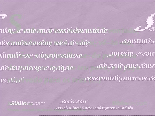 Senhor, a tua mão está levantada, contudo eles não a vêem; vê-la-ão, porém, e confundir-se-ão por causa do zelo que tens do teu povo; e o fogo reservado para os