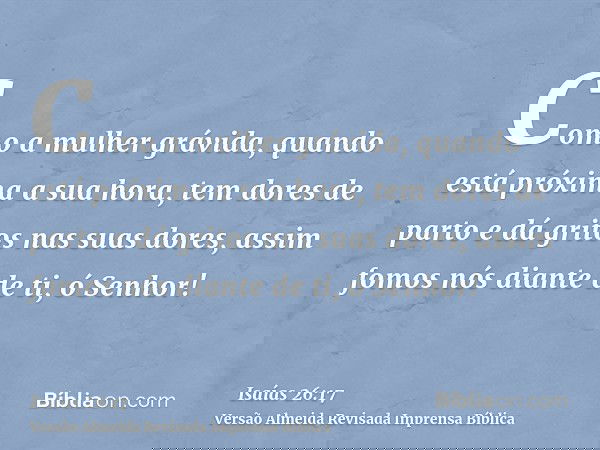 Como a mulher grávida, quando está próxima a sua hora, tem dores de parto e dá gritos nas suas dores, assim fomos nós diante de ti, ó Senhor!