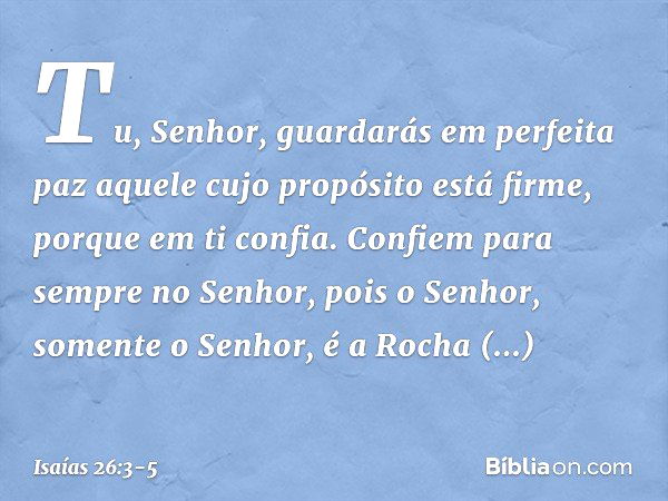 Tu, Senhor, guardarás em perfeita paz
aquele cujo propósito está firme,
porque em ti confia. Confiem para sempre no Senhor,
pois o Senhor, somente o Senhor,
é a