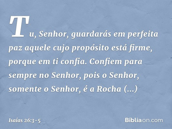 Tu, Senhor, guardarás em perfeita paz
aquele cujo propósito está firme,
porque em ti confia. Confiem para sempre no Senhor,
pois o Senhor, somente o Senhor,
é a