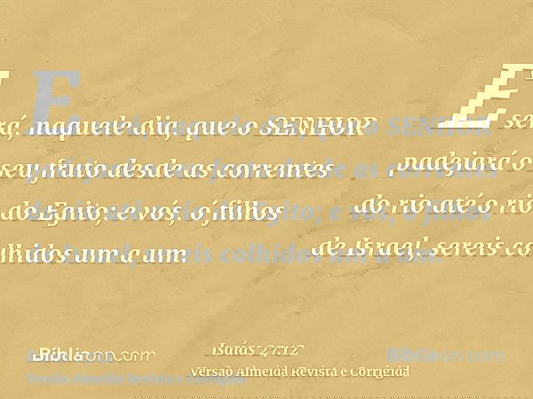 E será, naquele dia, que o SENHOR padejará o seu fruto desde as correntes do rio até o rio do Egito; e vós, ó filhos de Israel, sereis colhidos um a um.