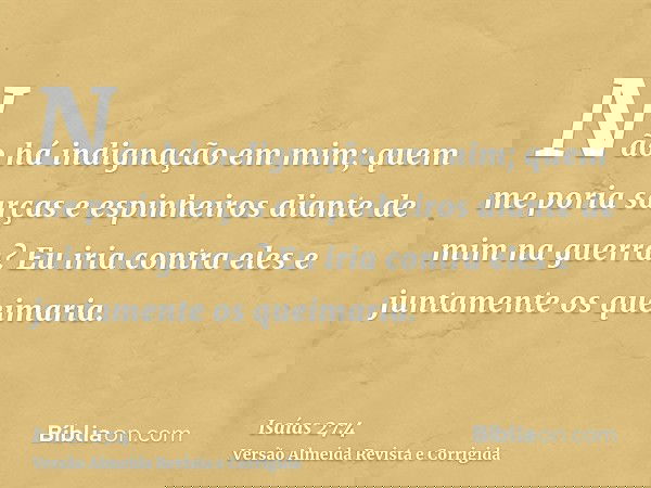 Não há indignação em mim; quem me poria sarças e espinheiros diante de mim na guerra? Eu iria contra eles e juntamente os queimaria.