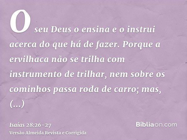 O seu Deus o ensina e o instrui acerca do que há de fazer.Porque a ervilhaca não se trilha com instrumento de trilhar, nem sobre os cominhos passa roda de carro