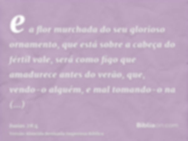 e a flor murchada do seu glorioso ornamento, que está sobre a cabeça do fértil vale, será como figo que amadurece antes do verão, que, vendo-o alguém, e mal tom