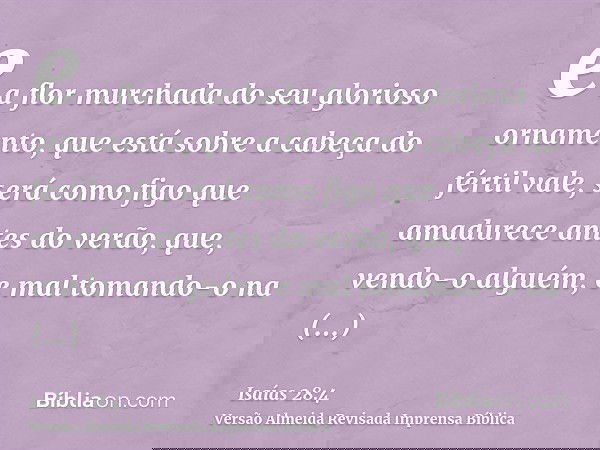 e a flor murchada do seu glorioso ornamento, que está sobre a cabeça do fértil vale, será como figo que amadurece antes do verão, que, vendo-o alguém, e mal tom