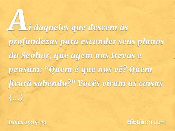 Ai daqueles que descem às profundezas
para esconder seus planos do Senhor,
que agem nas trevas e pensam:
"Quem é que nos vê?
Quem ficará sabendo?" Vocês viram a